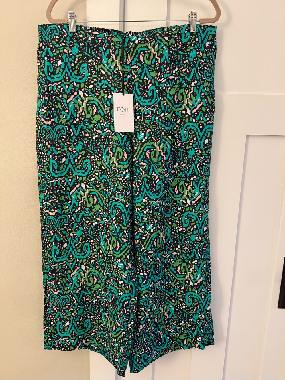 FOIL Artsy Linen Wide Leg Pants Green/Turquoise Abstract Print 12 NWT NEW
